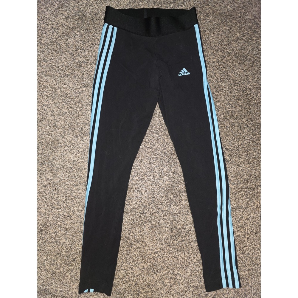 Adidas Womens XS Black Light Blue 3-Stripe Athletic Leggings Yoga Pants